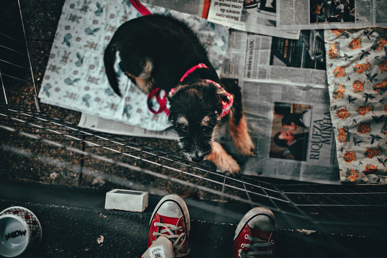 Services Adorable black dog in a playpen viewed from above, surrounded by newspapers and red sneakers.