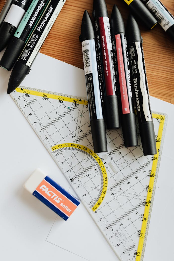 Top view of various markers and plastic drawing triangle with marked lines and numbers placed on blank paper near eraser on wooden table in office