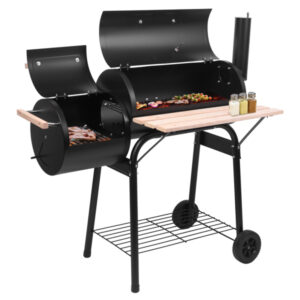 barrel shaped dual burner charcoal grill with chimney