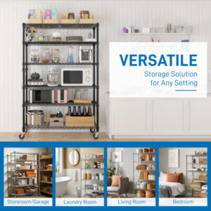 6 tier detachable metal storage shelf freely adjustable, with side hooks, wheels & leveling feet | home organizer